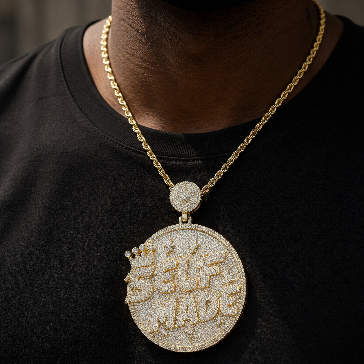 Bubble Letter Iced Out Self Made Dics Necklace Pendant for Men 5A Cubic Zirconia Gold Plated Hip Hop Jewelry