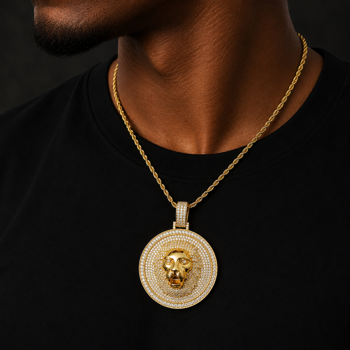 Bubble Letter Iced Out Lion Head Disc Necklace Pendant for Men 5A Cubic Zirconia Gold Plated Hip Hop Jewelry