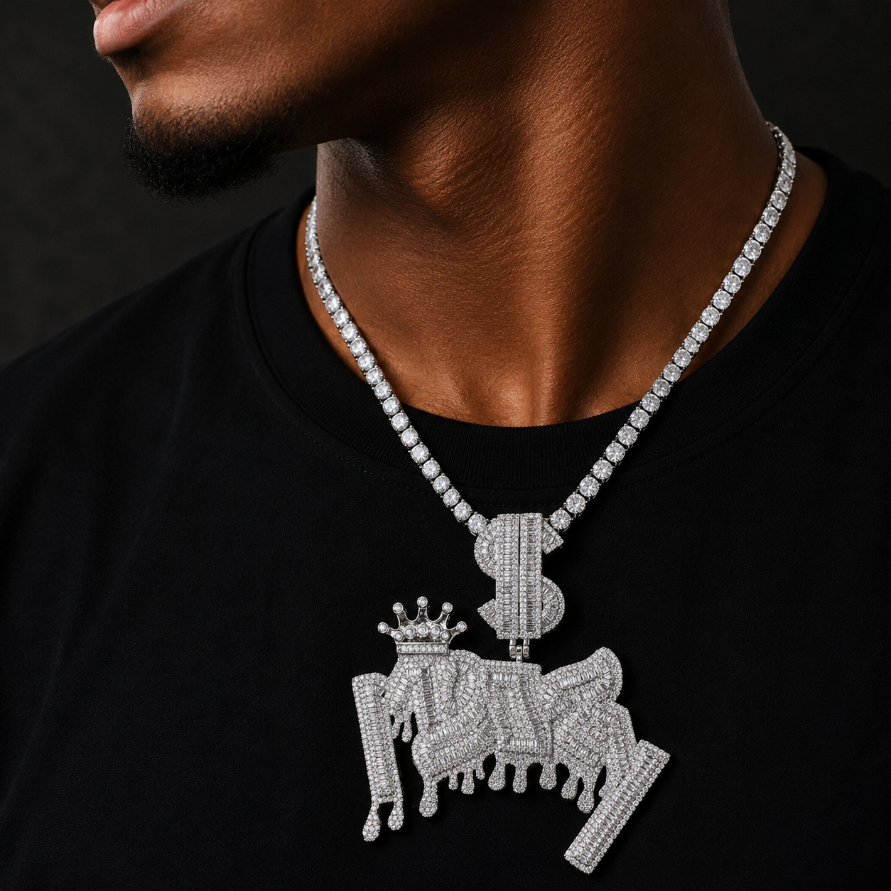 Bubble Letter Iced Out Money Dollar Sign Bail Necklace Pendant for Men 5A Cubic Zirconia Gold Plated Hip Hop Jewelry