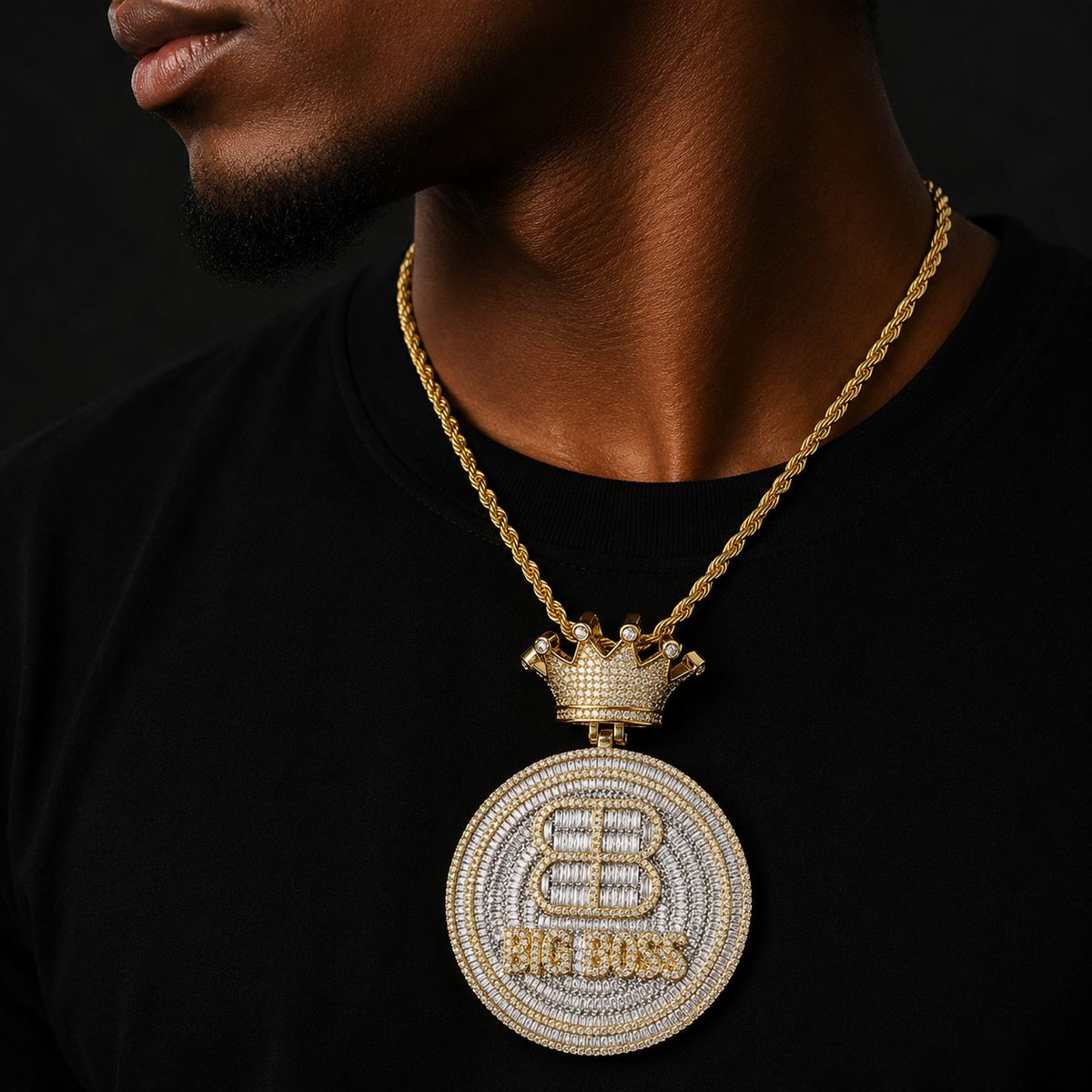 Bubble Letter Iced Out Big Boss Crown Bail Necklace Pendant for Men 5A Cubic Zirconia Gold Plated Hip Hop Jewelry