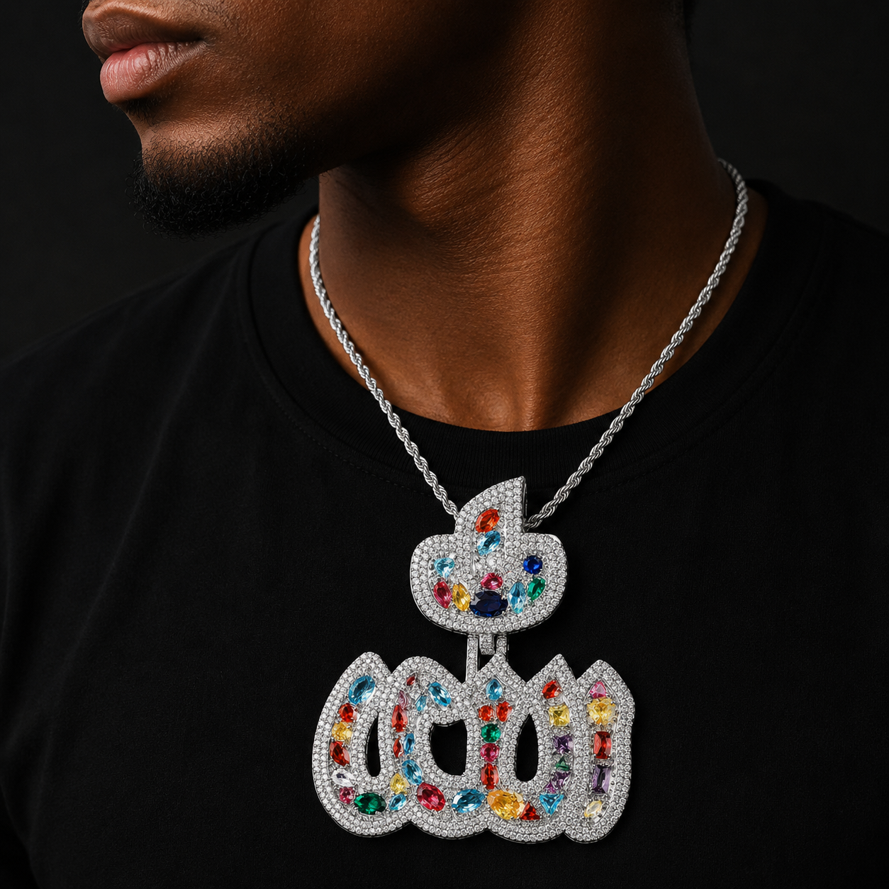 Bubble Letter Iced Out Colorful Allah Necklace Pendant for Men 5A Copper Cubic Zirconia Hip Hop Jewelry