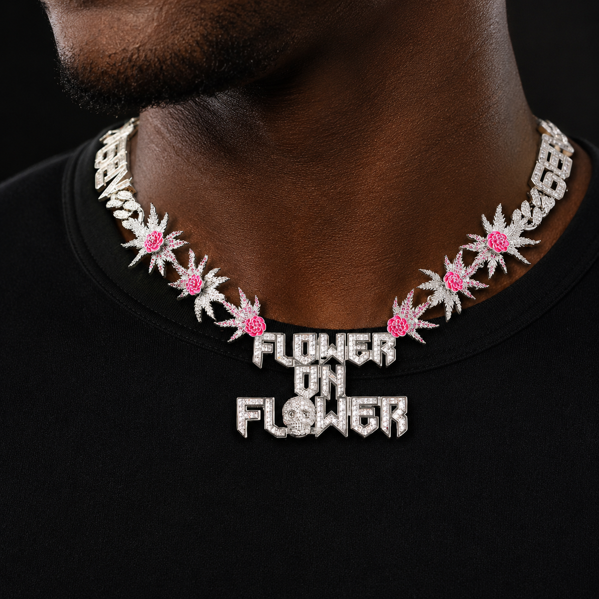Bubble Letter Iced Out Palm Flower Chain for Men Necklace Choker 5A Cubic Zirconia Hip Hop Jewelry