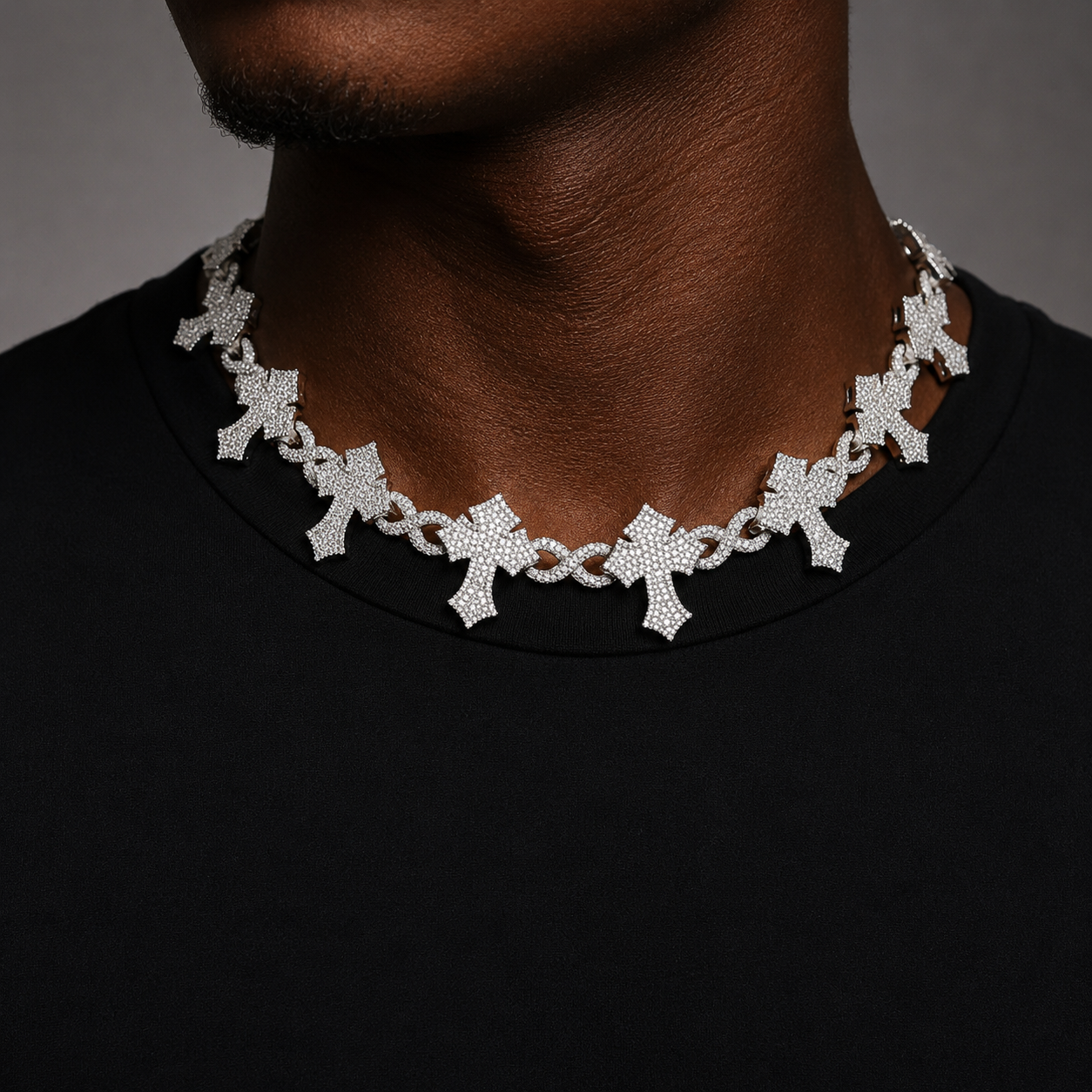 Bubble Letter Iced Out Cross Link Chain for Men Necklace Choker Prong Setting Hip Hop Jewelry