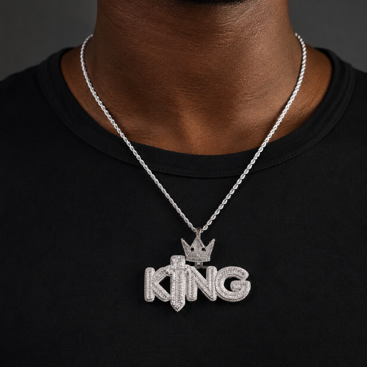 Bubble Letter Iced Out King Sword Crown Bail Necklace Pendant for Men Prong Setting 5A Cubic Zirconia Hip Hop Jewelry