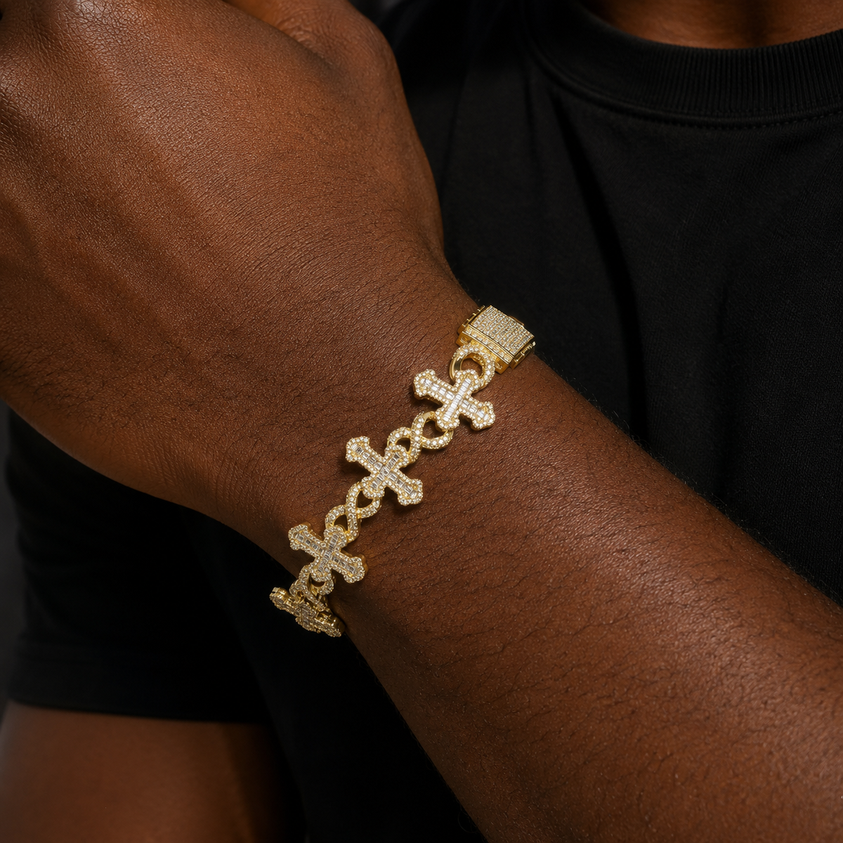 Bubble Letter Iced Out Baguette Cross Infinity Link Bracelet for Men 5A Cubic Zirconia Real Gold Plated Hip Hop Jewelry