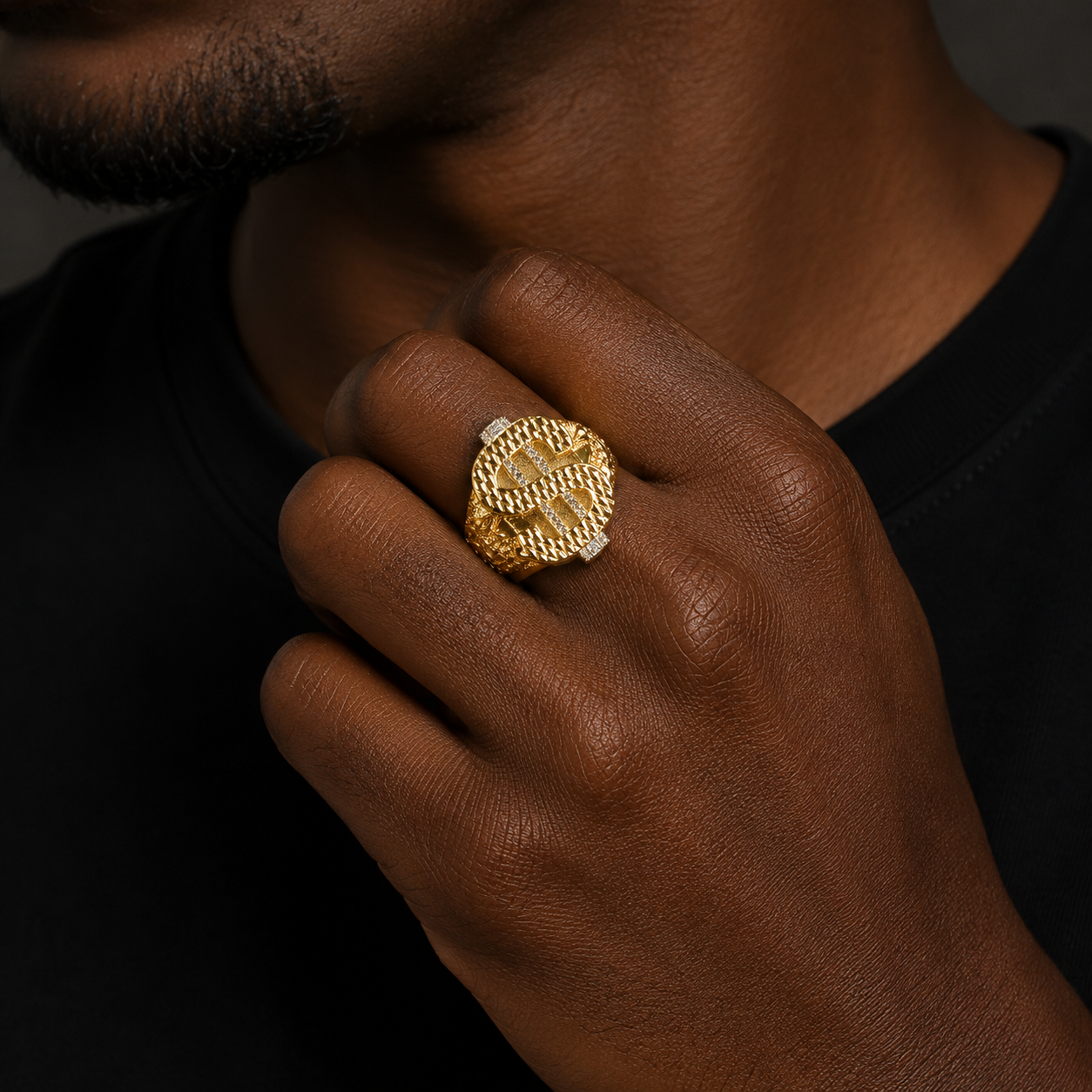 Bubble Letter Dollar Sign Ring for Men Real Gold Plated Hip Hop Jewelry