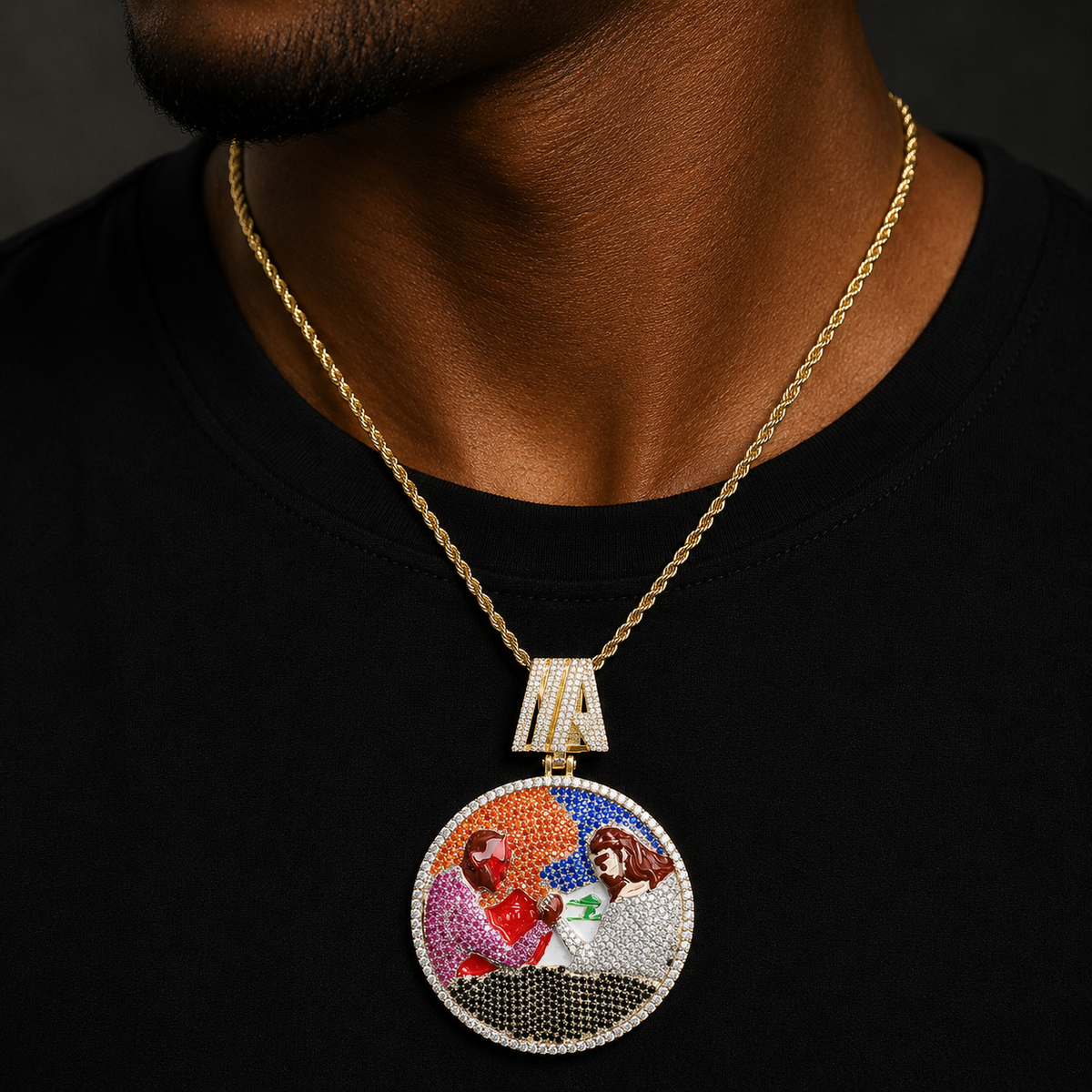 Bubble Letter Iced Out Arm Wrestling Circle Necklace Pendant for Men 5A Cubic Zirconia Hip Hop Jewelry