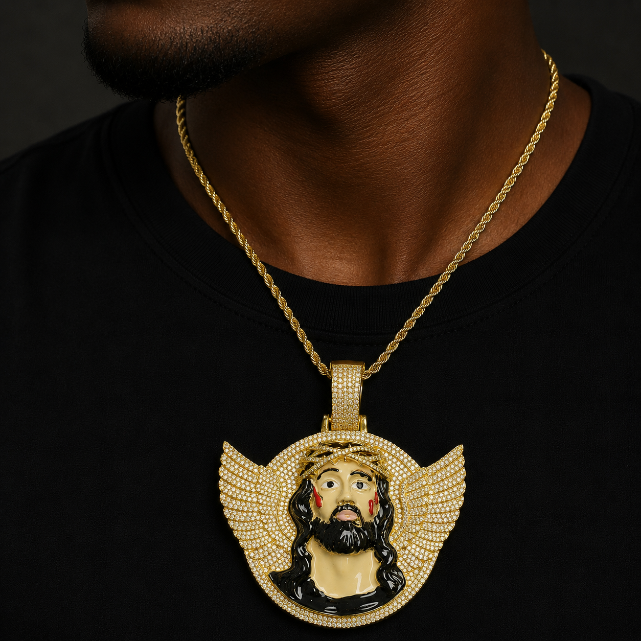Bubble Letter Iced Out Wing Jesus Disc Necklace Pendant for Men 5A Cubic Zirconia Hip Hop Jewelry