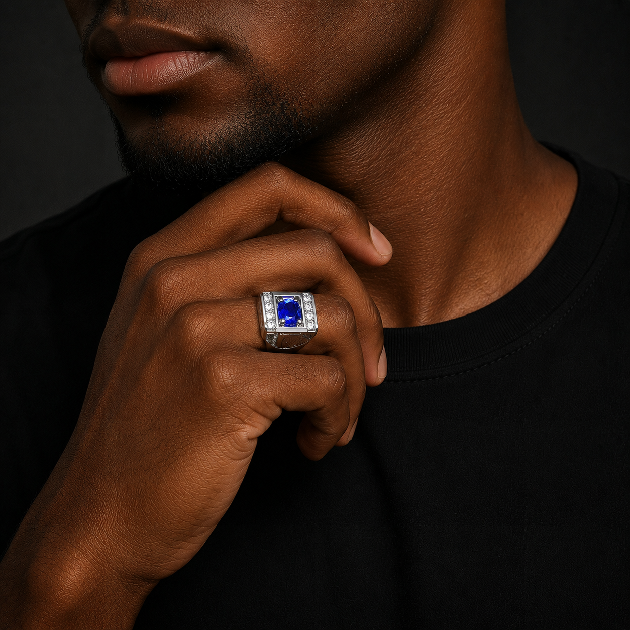 Bubble Letter Iced Out Blue Stone Ring for Men Real Gold Plated Hip Hop Jewelry