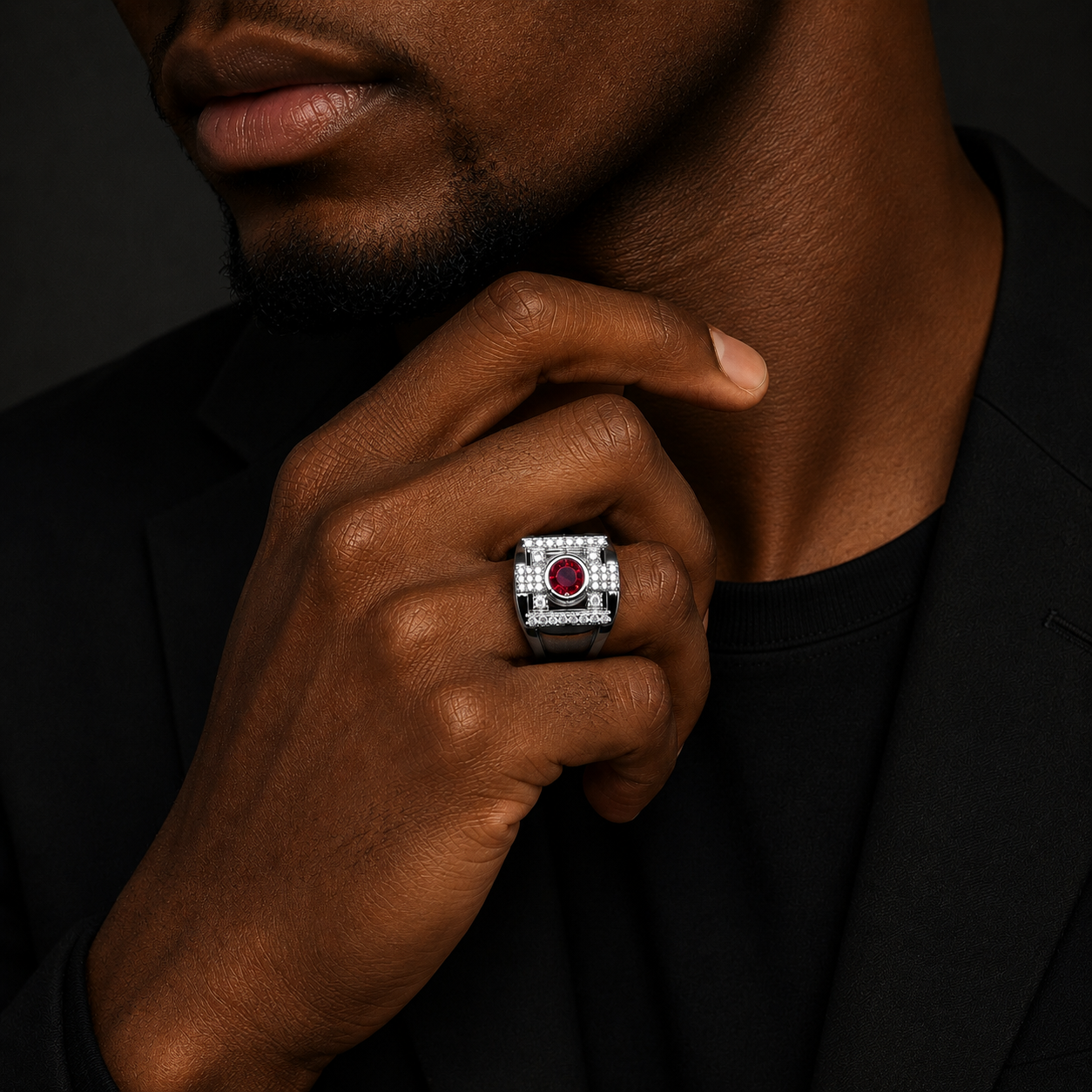 Bubble Letter Iced Out Pink Stone Ring for Men Real Gold Plated Hip Hop Jewelry