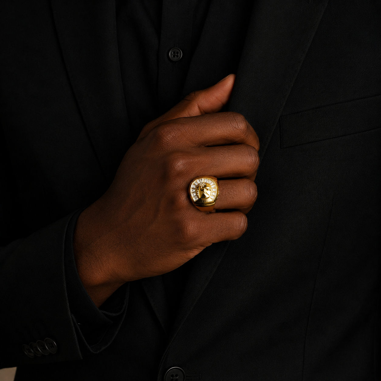 Bubble Letter Iced Out Horse Head Ring for Men Real Gold Plated Cubic Zirconia Hip Hop Jewelry