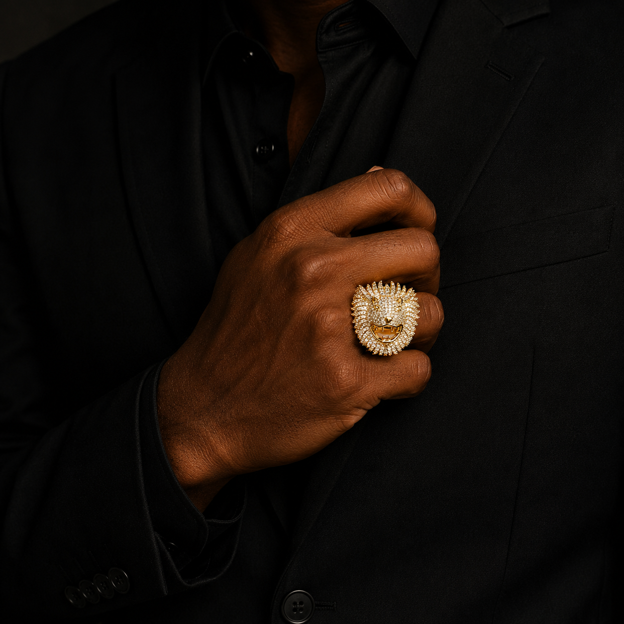 Bubble Letter Iced Out Lion Head Ring for Men Real Gold Plated Cubic Zirconia Hip Hop Jewelry