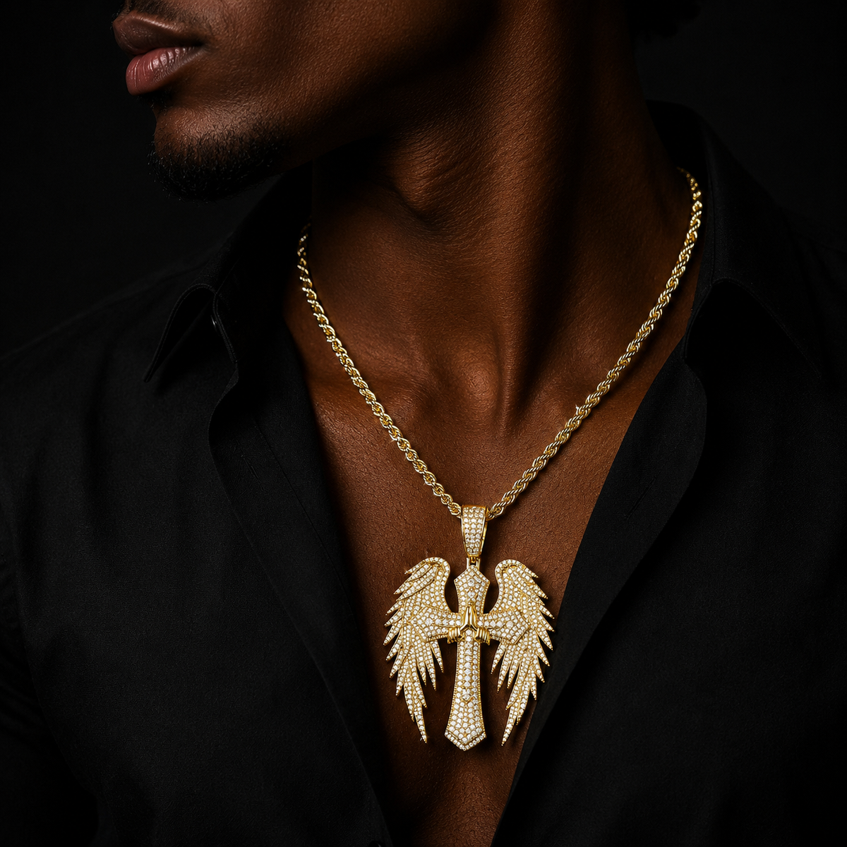 Bubble Letter Iced Out Cross Wing Jesus Necklace Pendant for Men 5A Cubic Zirconia Hip Hop Jewelry