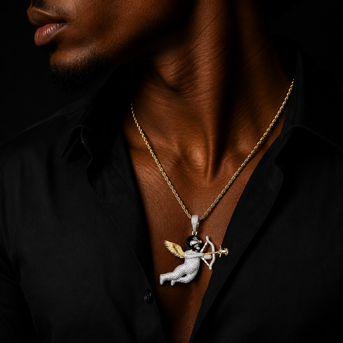 Bubble Letter Iced Out Angel Wing Arrow Necklace Pendant for Men 5A Real Gold Plated Hip Hop Jewelry