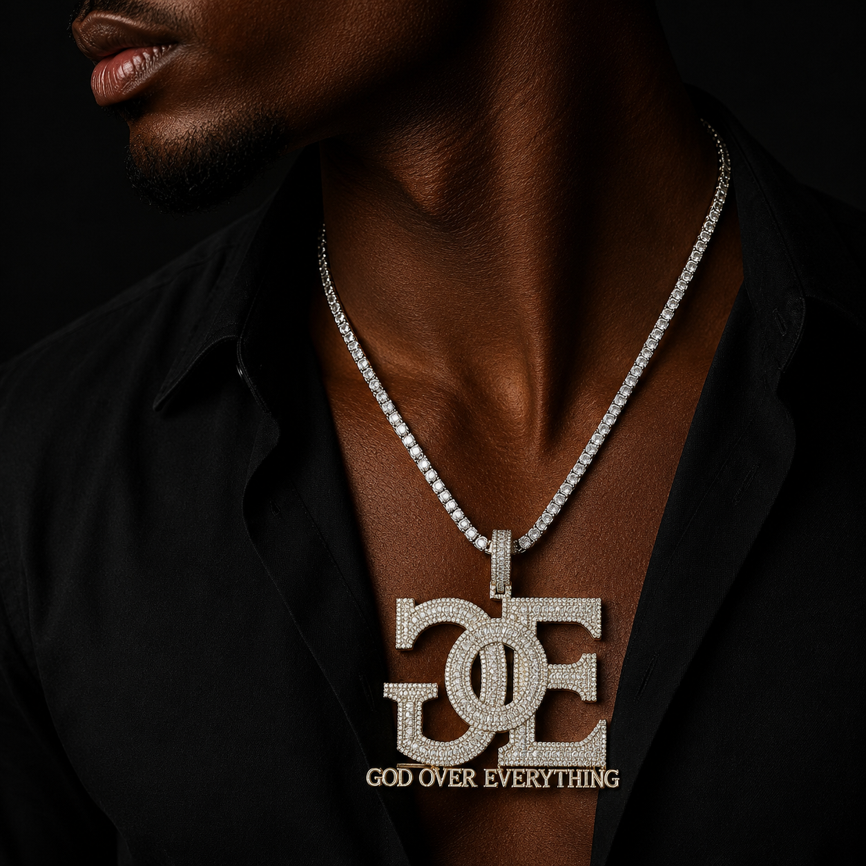 Bubble Letter Iced Out Backside God Over Everything Necklace Pendant for Men Real Gold Plated 5A Cubic Zirconia Hip Hop Jewelry