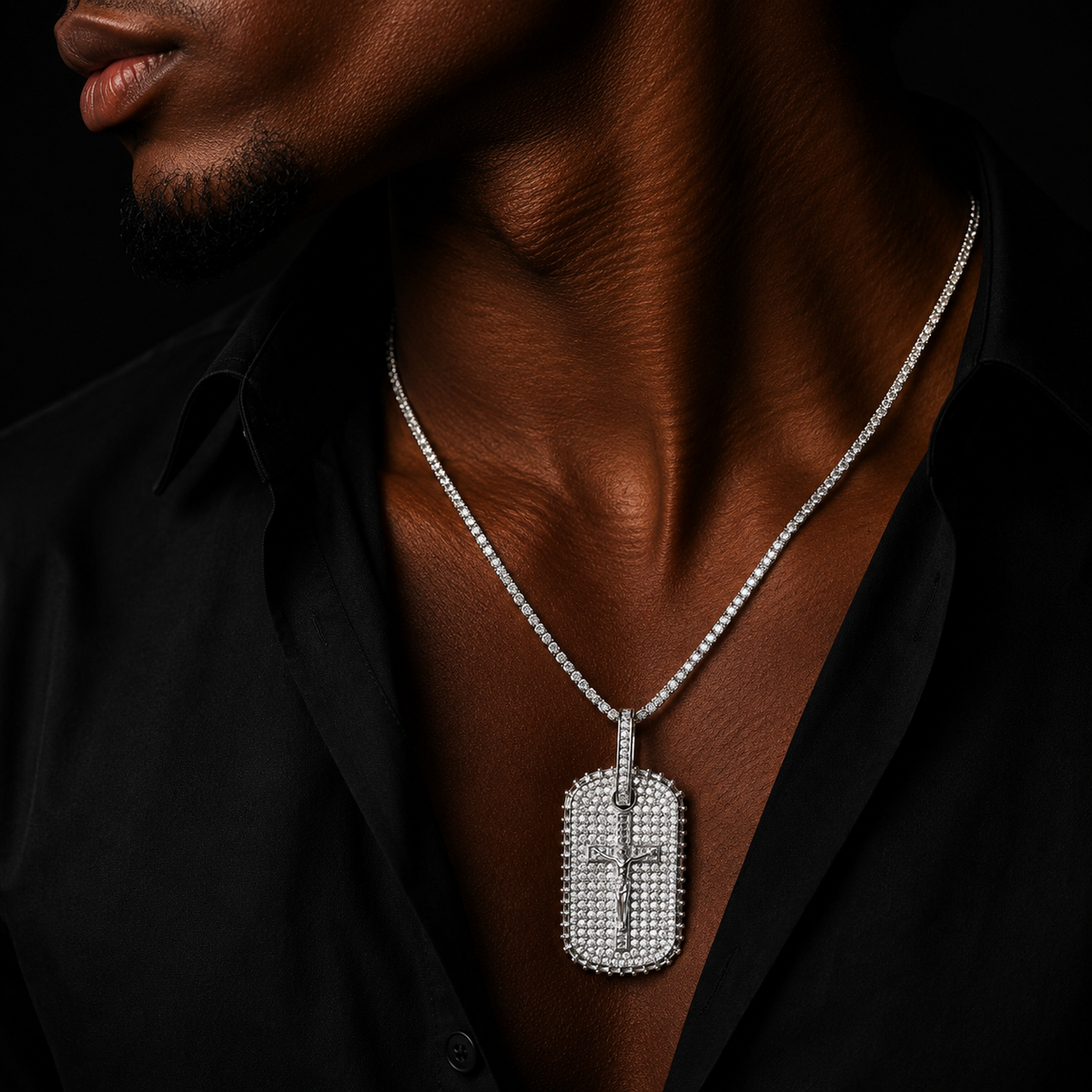 Bubble Letter Iced Out Dog Tag Cross Jesus Necklace Pendant for Men 5A Cubic Zirconia Hip Hop Jewelry