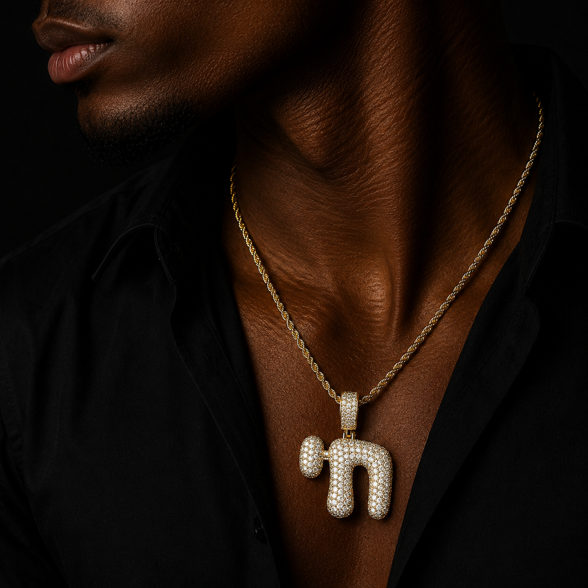 Bubble Letter Iced Out N Symbol Necklace Pendant for Men 5A Cubic Zirconia Real Gold Plated Hip Hop Jewelry