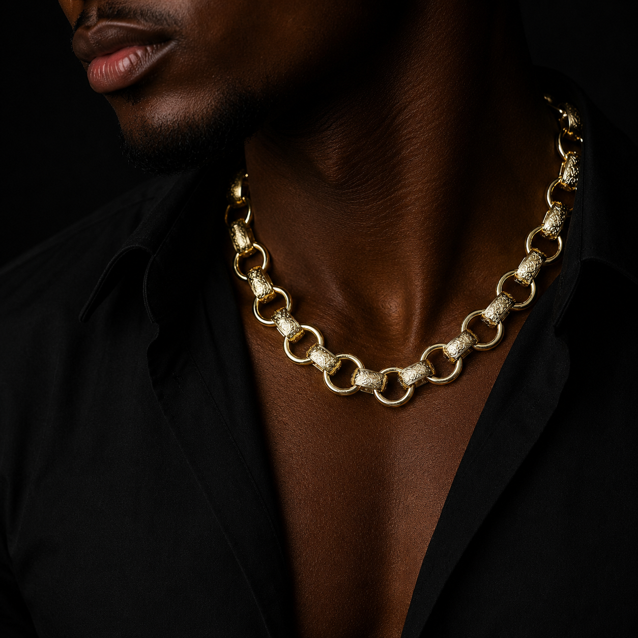 Bubble Letter Semi Pattered Circle Belcher Link Chain for Men Real Gold Plated Hip Hop Jewelry