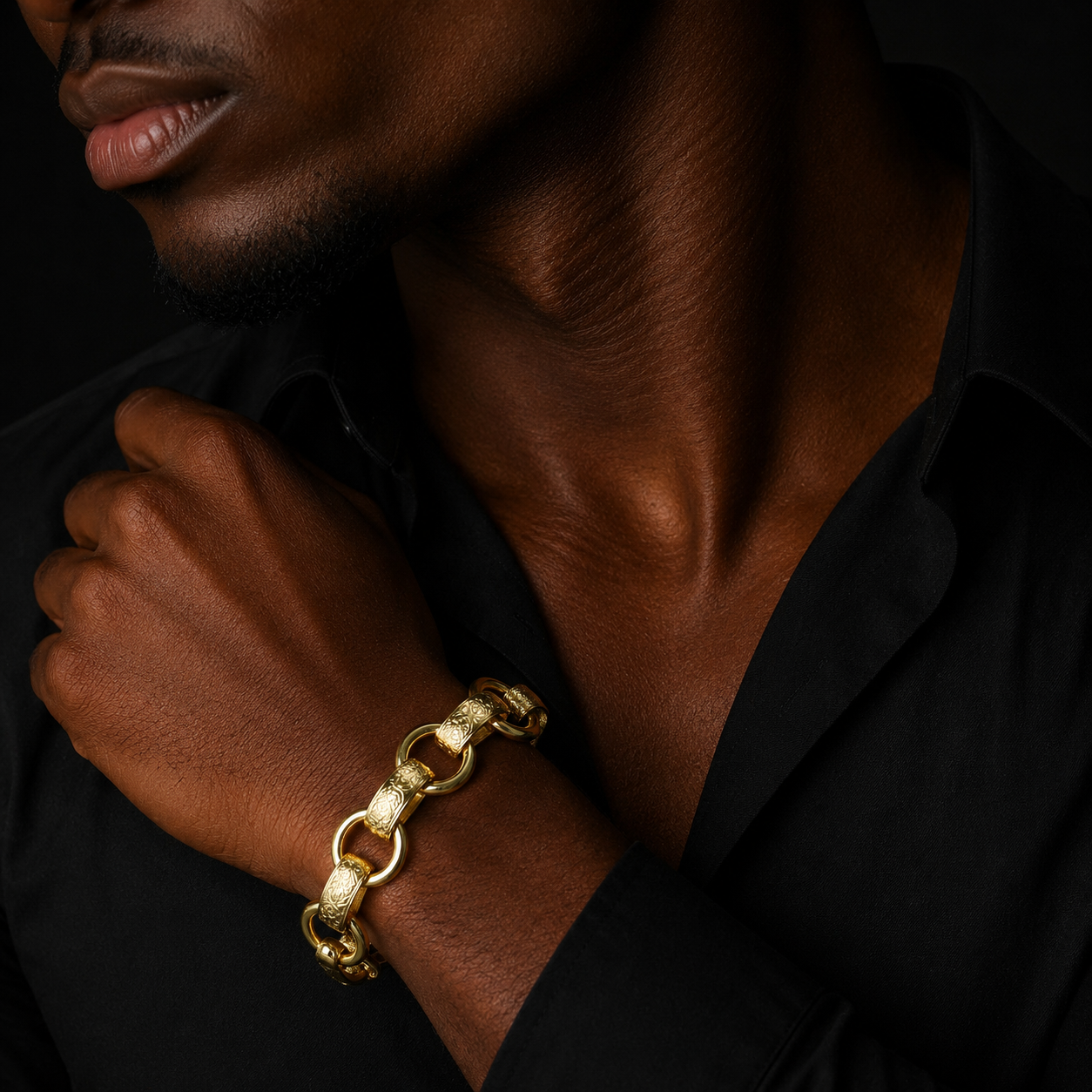 Bubble Letter Semi Pattered Circle Belcher Link Bracelet for Men Real Gold Plated Hip Hop Jewelry