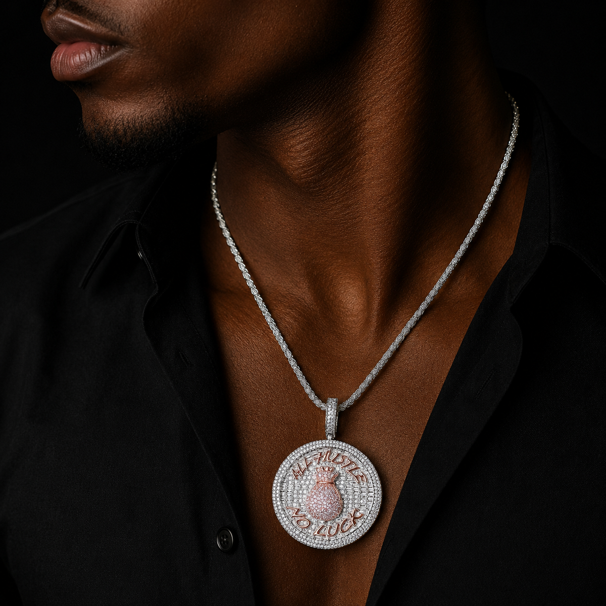 Bubble Letter Iced Out All Hustle No Luck Necklace Pendant for Men 5A Cubic Zirconia Hip Hop Jewelry