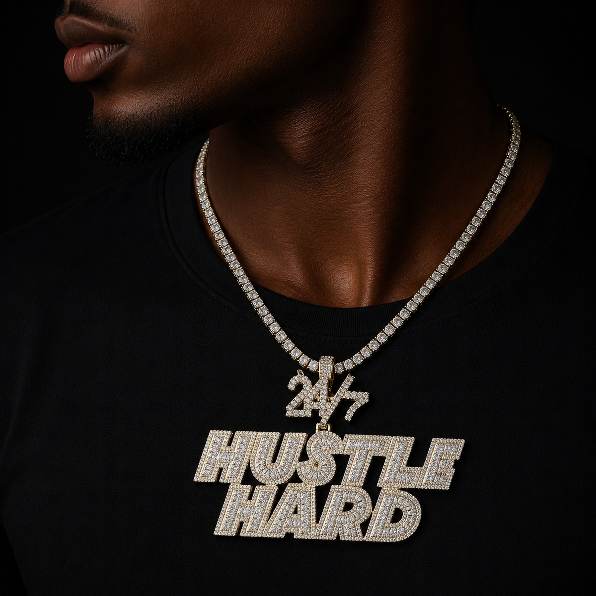 Bubble Letter Iced Out Hustle Hard 24/7 Necklace Pendant Men 5A Prong Setting Cubic Zirconia Copper Gold Plated Hip Hop Jewelry