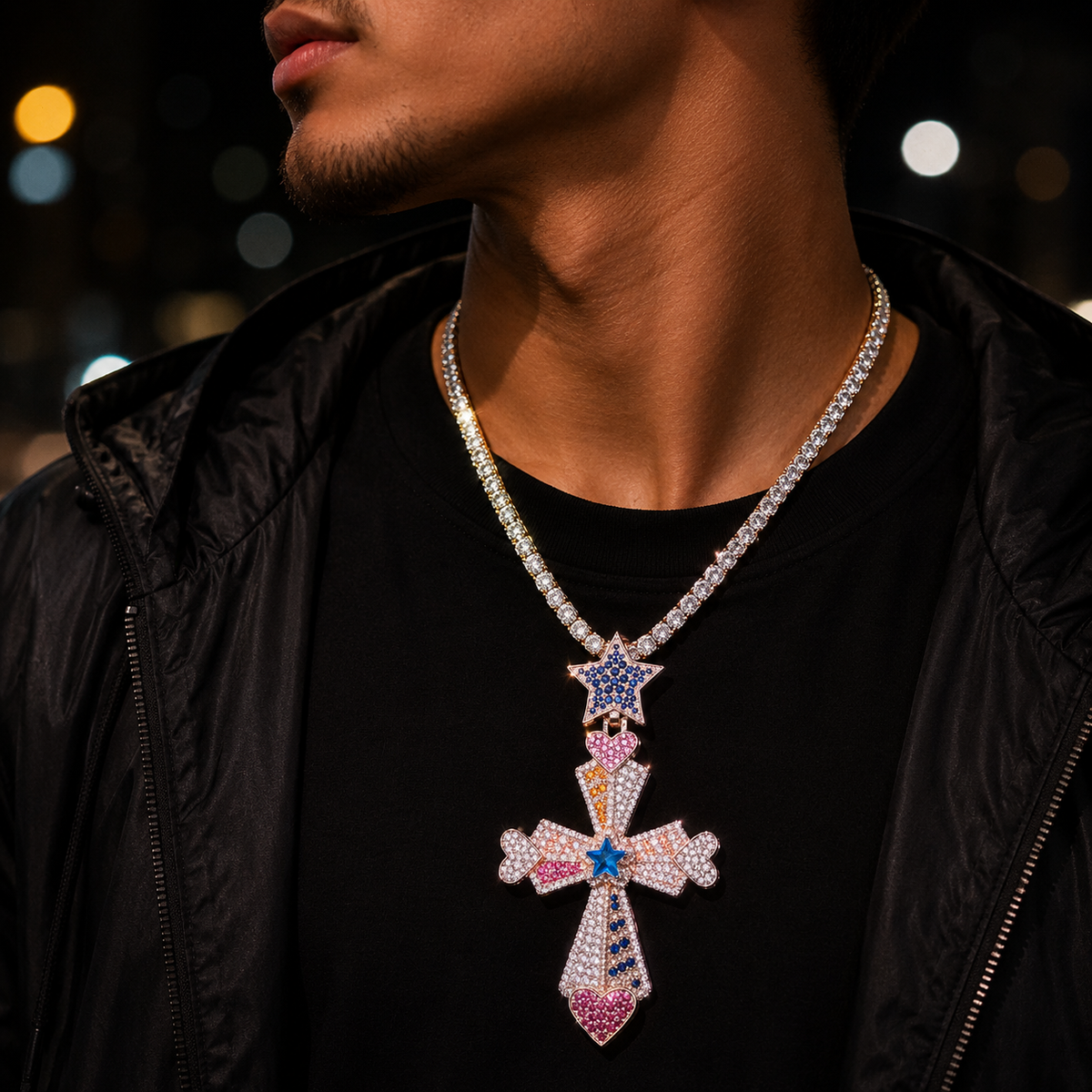 Bubble Letter Iced Out Colorful Cross Heart Arrow Star Bail Necklace Pendant Men Gold Plated 5A Cubic Zirconia Hip Hop Jewelry