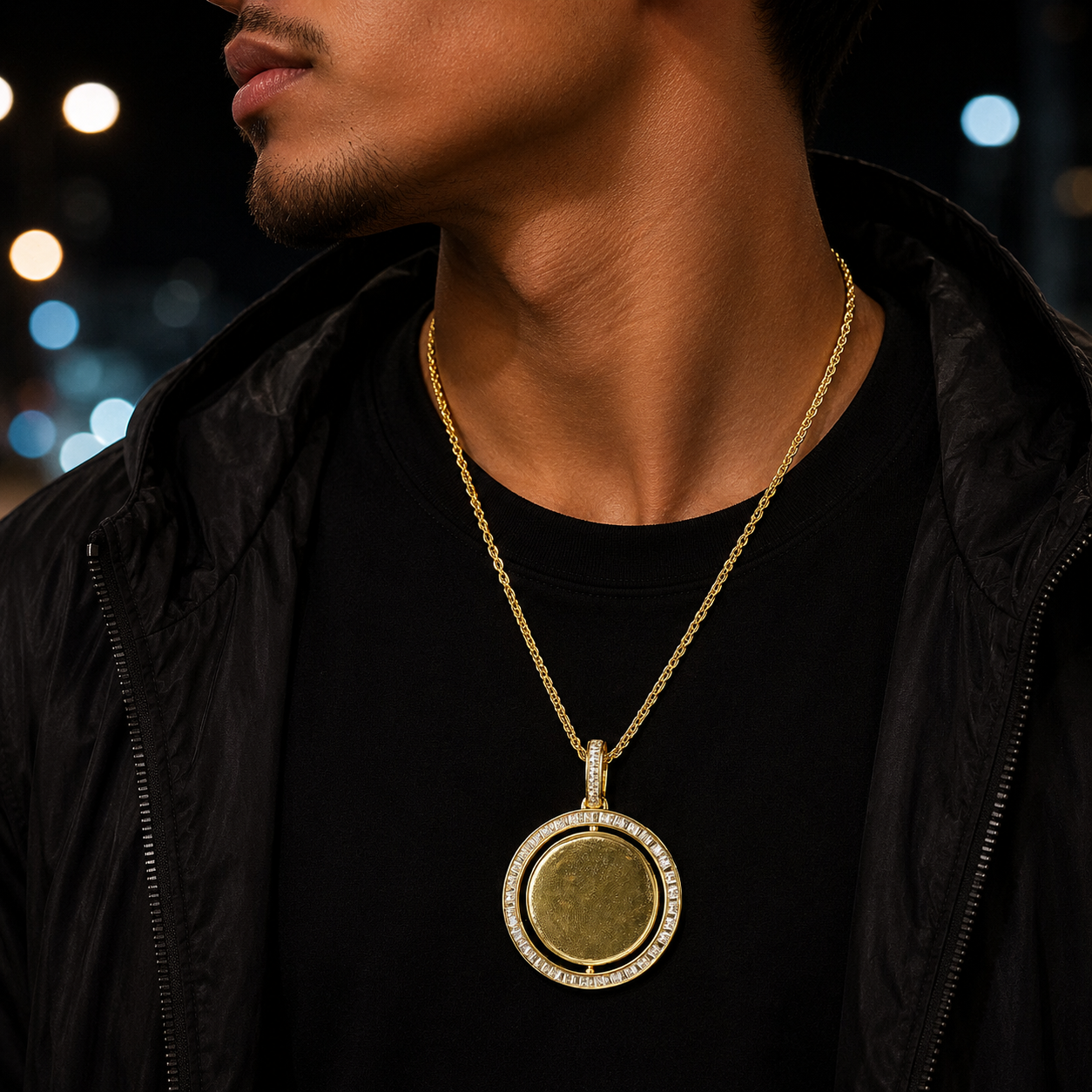 Bubble Letter Baguette Rotating Customized Photo Necklace Pendant for Men Real Gold Plated 5A Cubic Zirconia Hip Hop Jewelry