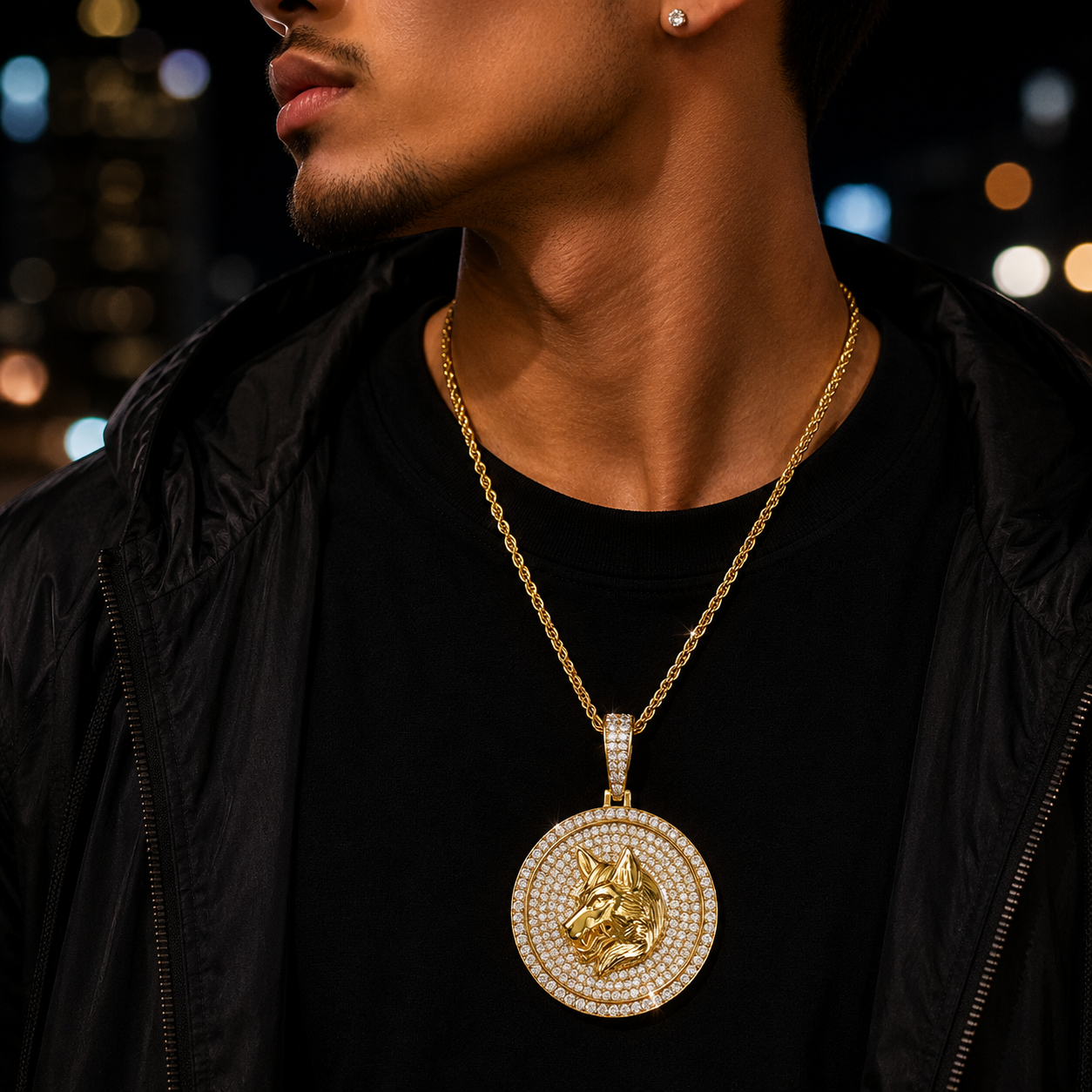 Bubble Letter Iced Out Wolf Disc Necklace Pendant for Men Real Gold Plated 5A Cubic Zirconia Hip Hop Jewelry