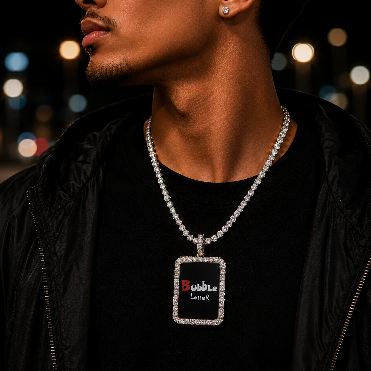 Bubble Letter Iced Solid Back Rectangular Custom Photo Necklace Pendant Men Real Gold Plated 5A Cubic Zirconia Hip Hop Jewelry