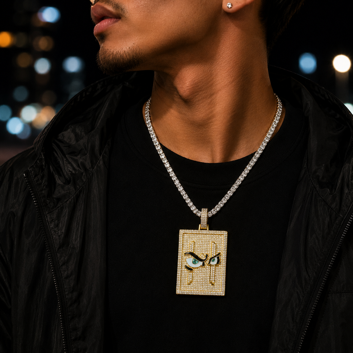 Bubble Letter Iced Out Bird Eye Dog Tag Necklace Pendant for Men Real Gold Plated 5A Cubic Zirconia Hip Hop Jewelry