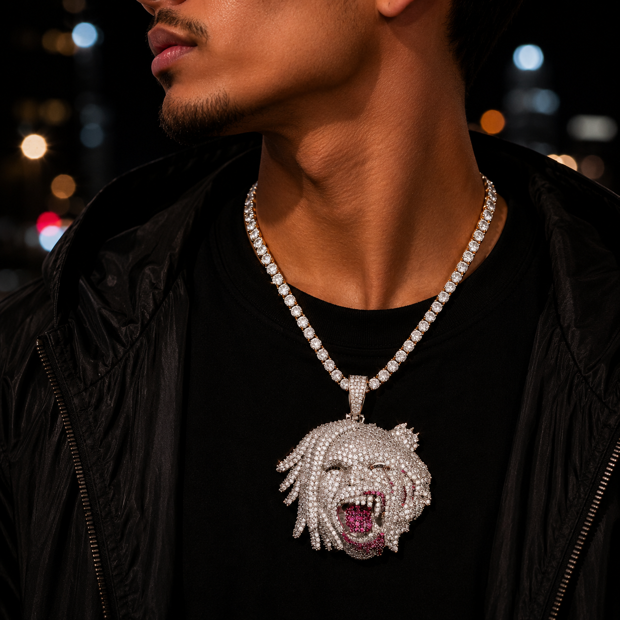 Bubble Letter Iced Out Ugly Head Necklace Pendant for Men Real Gold Plated 5A Cubic Zirconia Hip Hop Jewelry