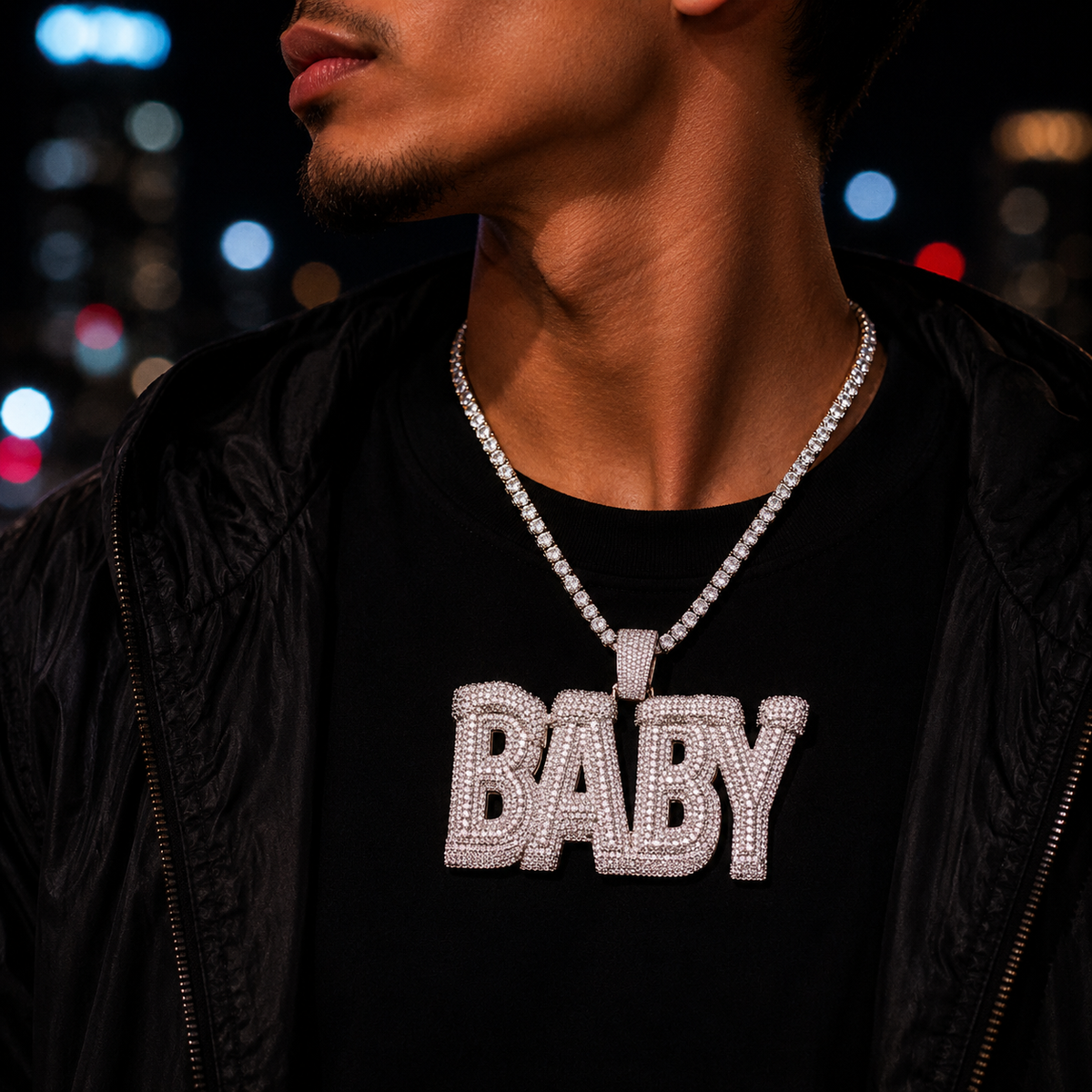 Bubble Letter Iced Out Baby Necklace Pendant for Men 5A Cubic Zirconia Prong Setting Hip Hop Jewelry