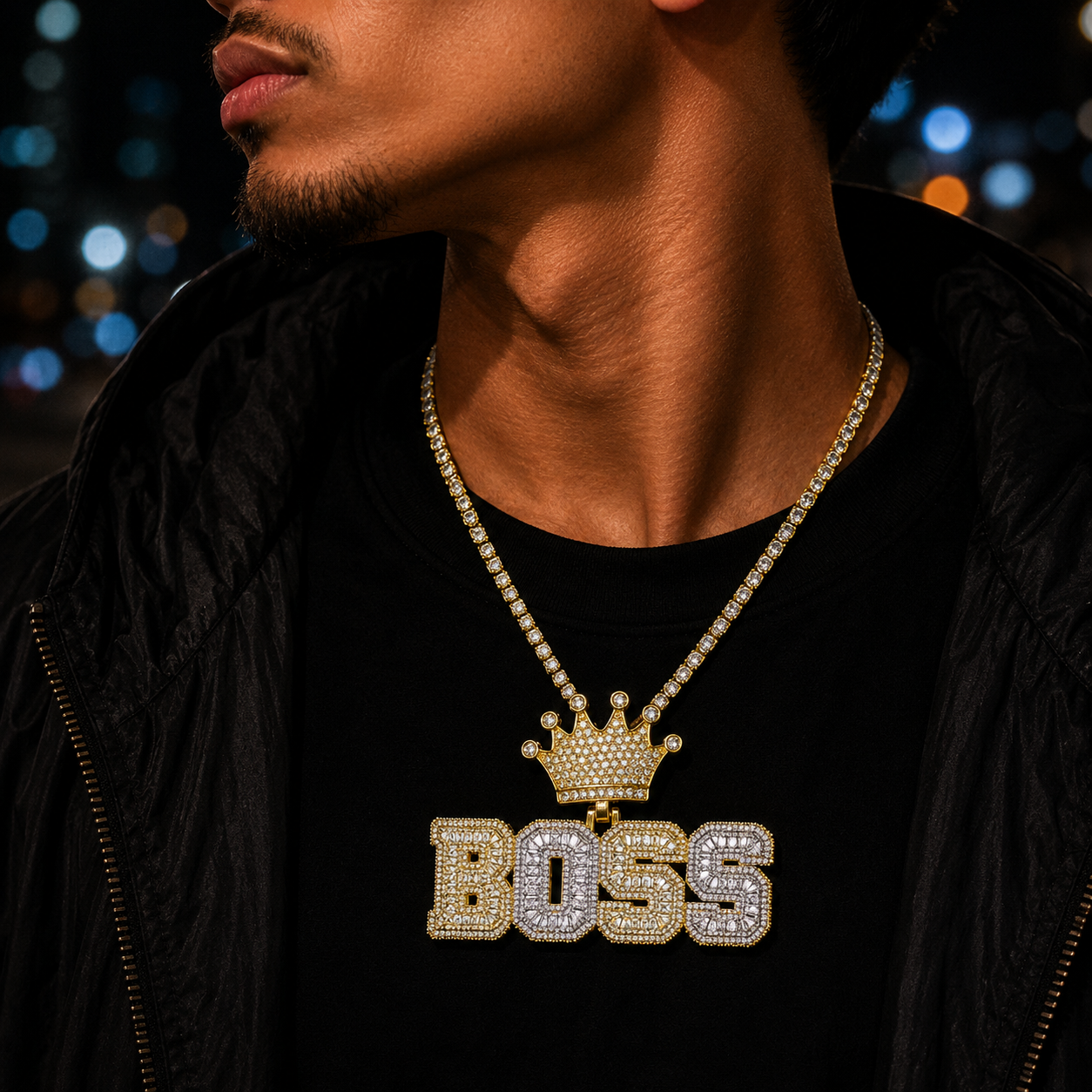 Bubble Letter Iced Out Boss Crown Bail Necklace Pendant for Men 5A Cubic Zirconia Prong Setting Hip Hop Jewelry