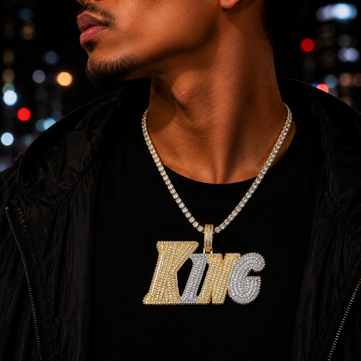 Bubble Letter Iced Out King Necklace Pendant for Men 5A Cubic Zirconia Prong Setting Hip Hop Jewelry