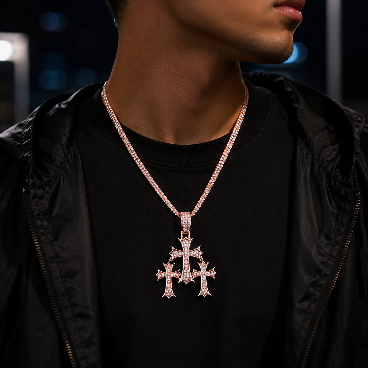 Bubble Letter Iced Out 3 in 1 Cross Necklace Pendant for Men Real Gold Plated 5A Cubic Zirconia Hip Hop Jewelry