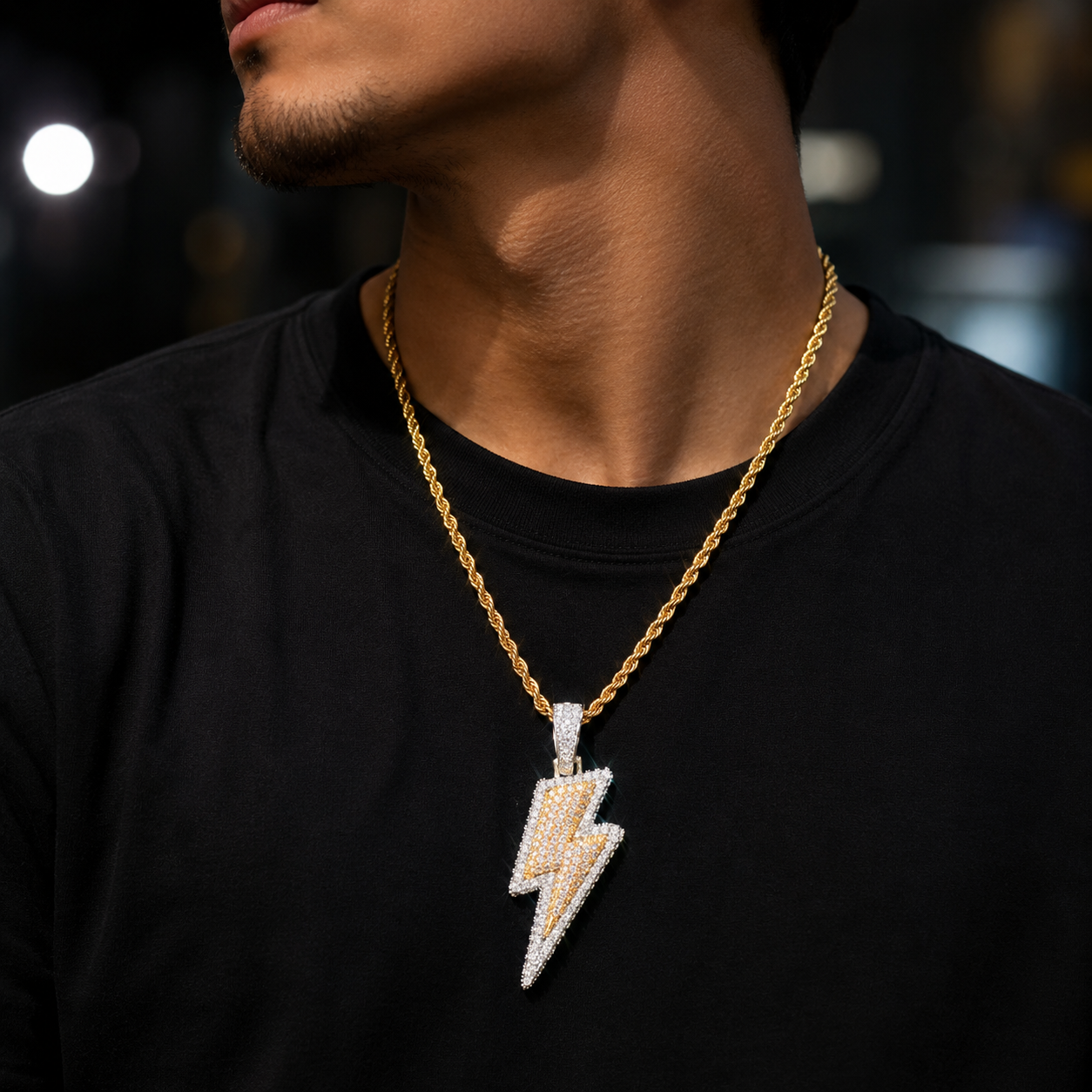 Bubble Letter Lightning Shape Pendant Necklace Bling Cubic Zircon Men's Hip Hop Rock Jewelry
