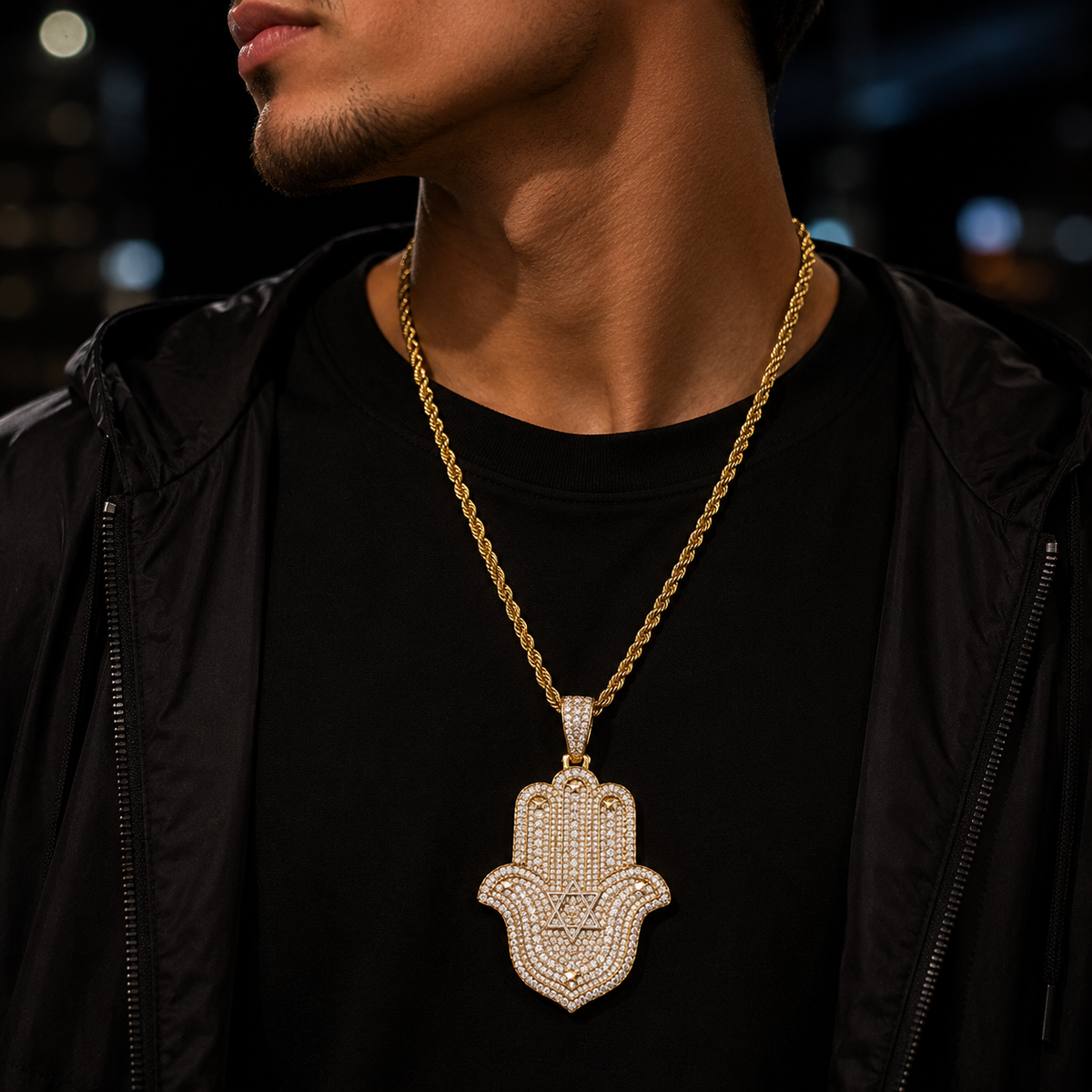 Bubble Letter Iced Out Halma Hand David of Star Necklace Pendant for Men Real Gold Plated 5A Cubic Zirconia Hip Hop Jewelry