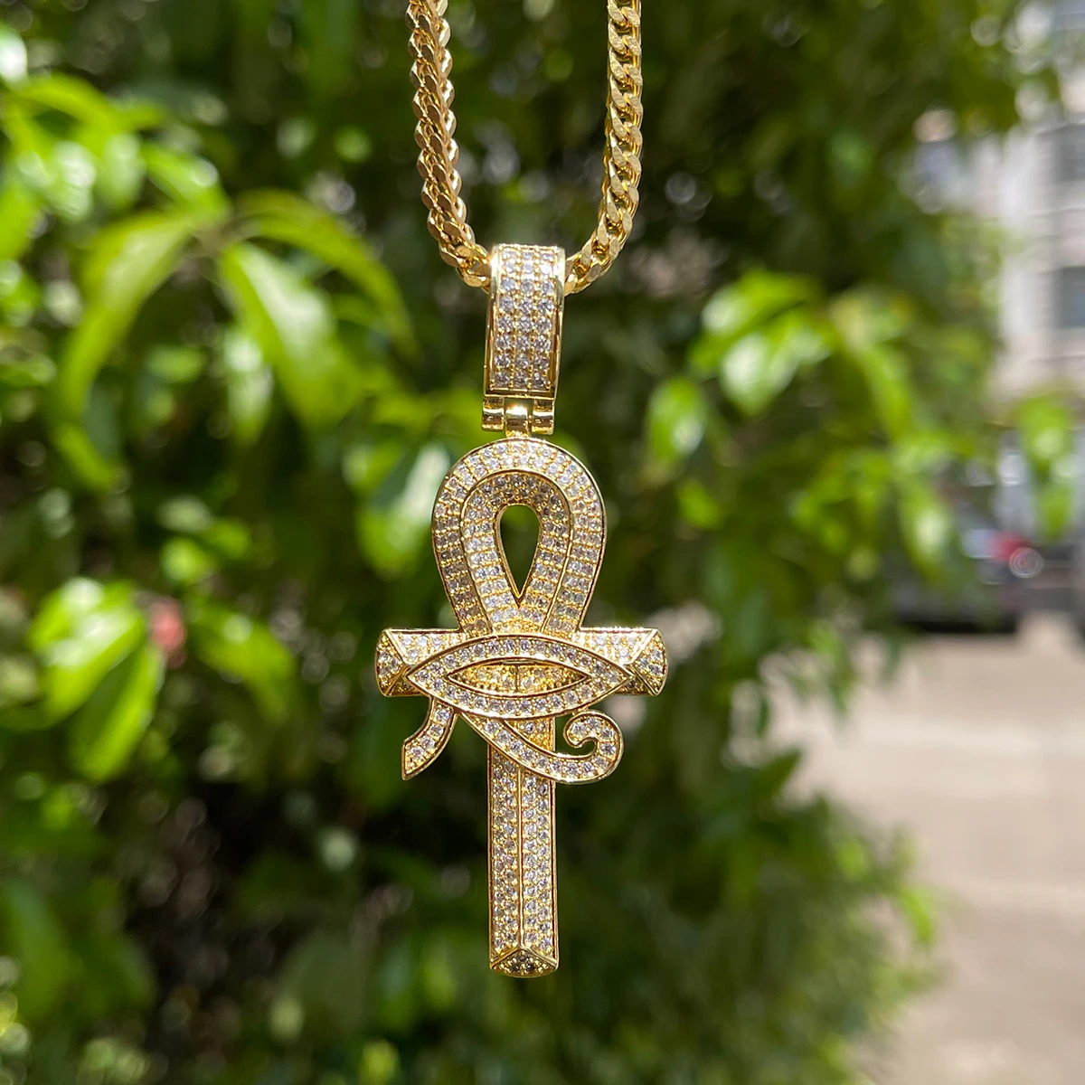 Bubble Letter Eye of Horus Ankh Cross Pendant Necklace Chain for Men Cubic Zircon Hip Hop Rock Rapper Style Jewelry