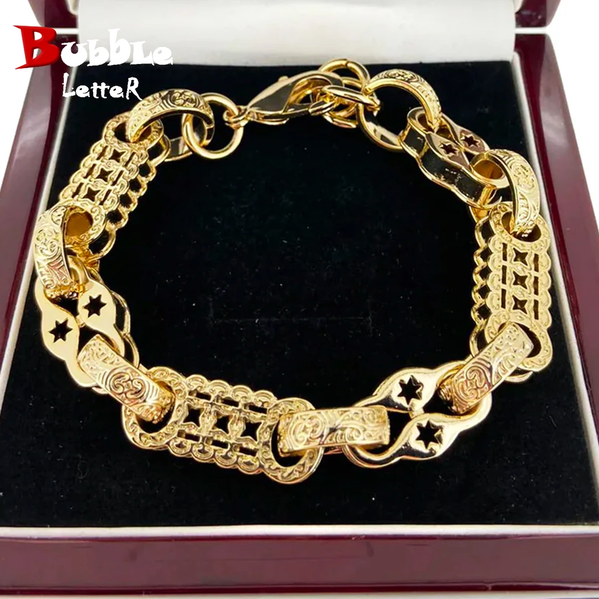 Bubble Letter Chunky Heavy Links Pattered Stars and Bars Bracelets for Men Real Gold Plated Hip Hop Jewelry