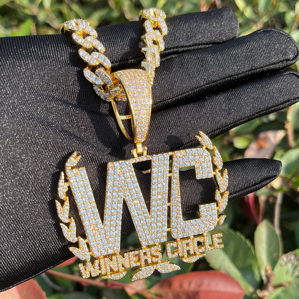 Bubble Letter Iced Out Winner Circle Necklace Pendant for Men Real Gold Plated Cubic Zirconia Copper Hip Hop Jewelry