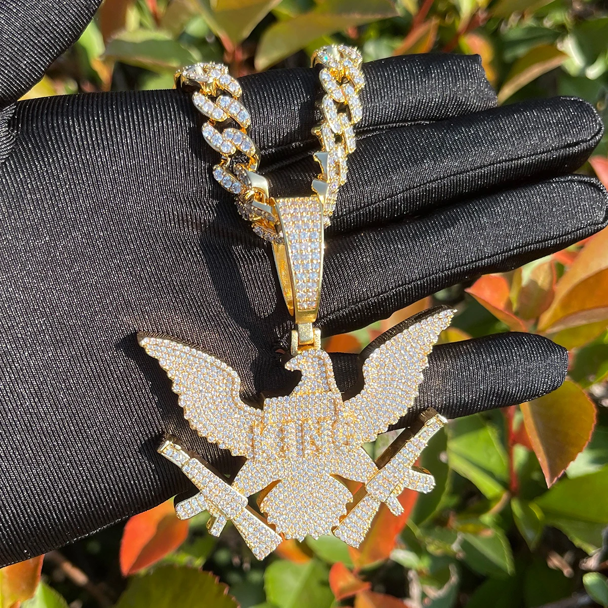 Bubble Letter Prong Necklace for Men Iced Out Eagle Gang Pendant Real Gold Plated Hip Hop Jewelry