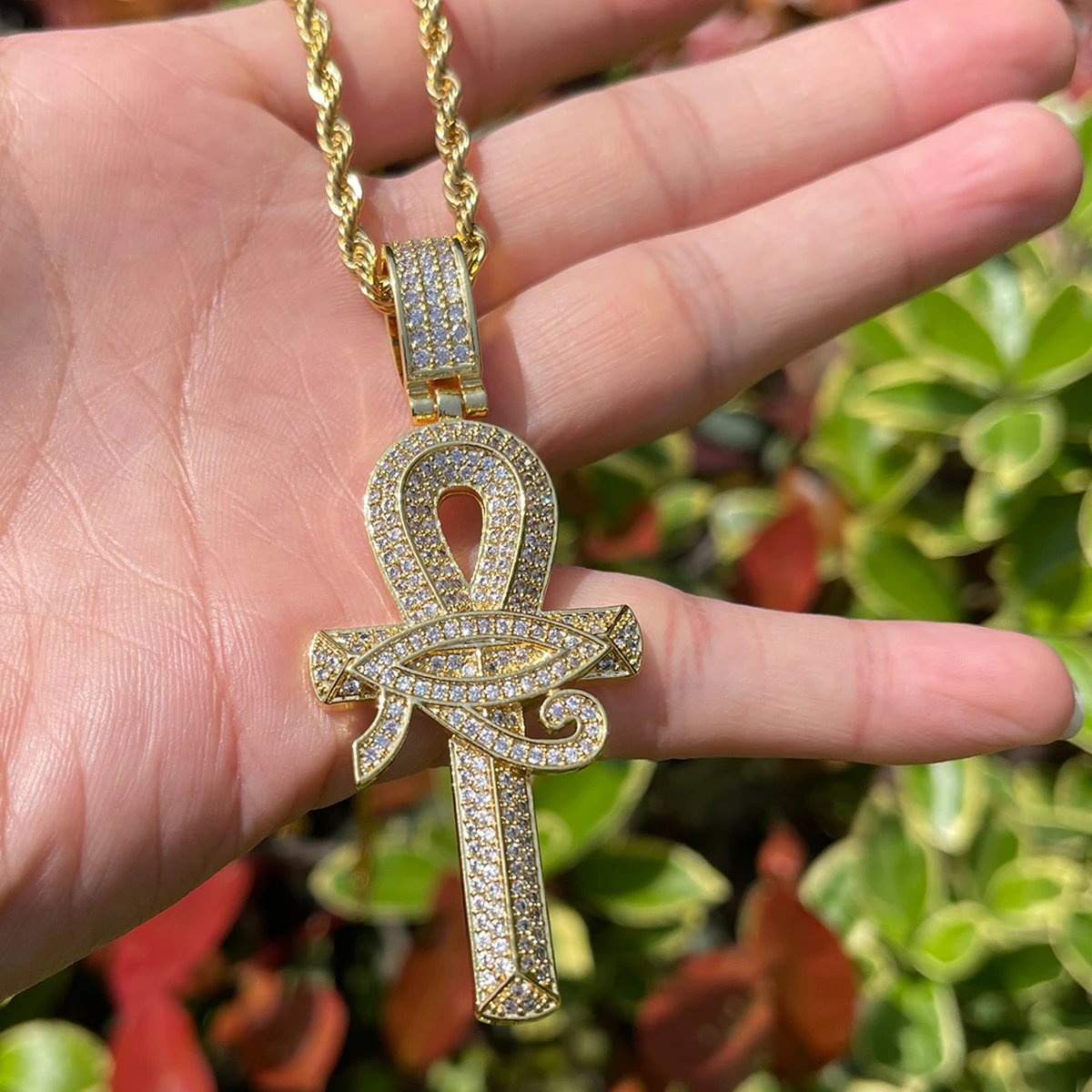 Bubble Letter Eye of Horus Ankh Cross Pendant Necklace Chain for Men Cubic Zircon Hip Hop Rock Rapper Style Jewelry