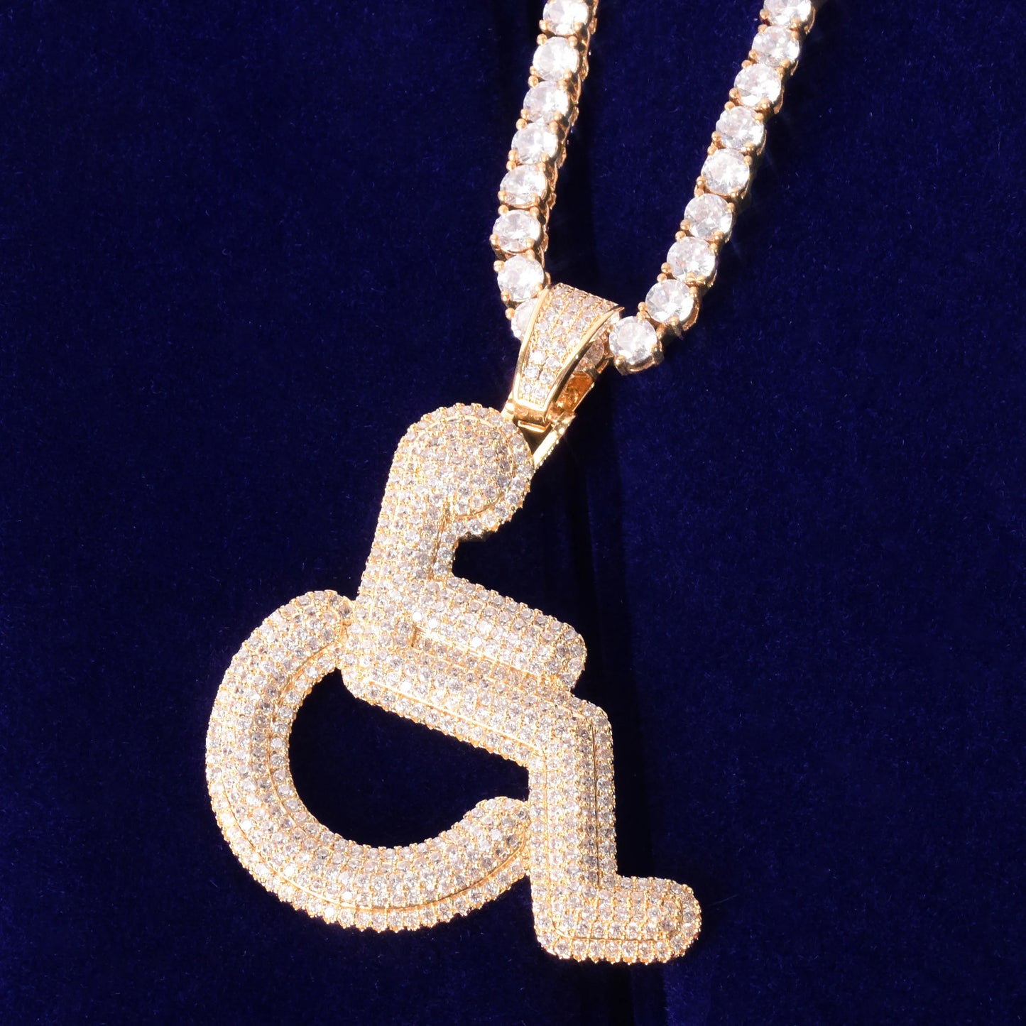 Bubble Letter Wheelchair Handicap Sign Pendant Necklace Gold Color Charm Bling Cubic Zircon Men's Hip hop Rock Jewelry