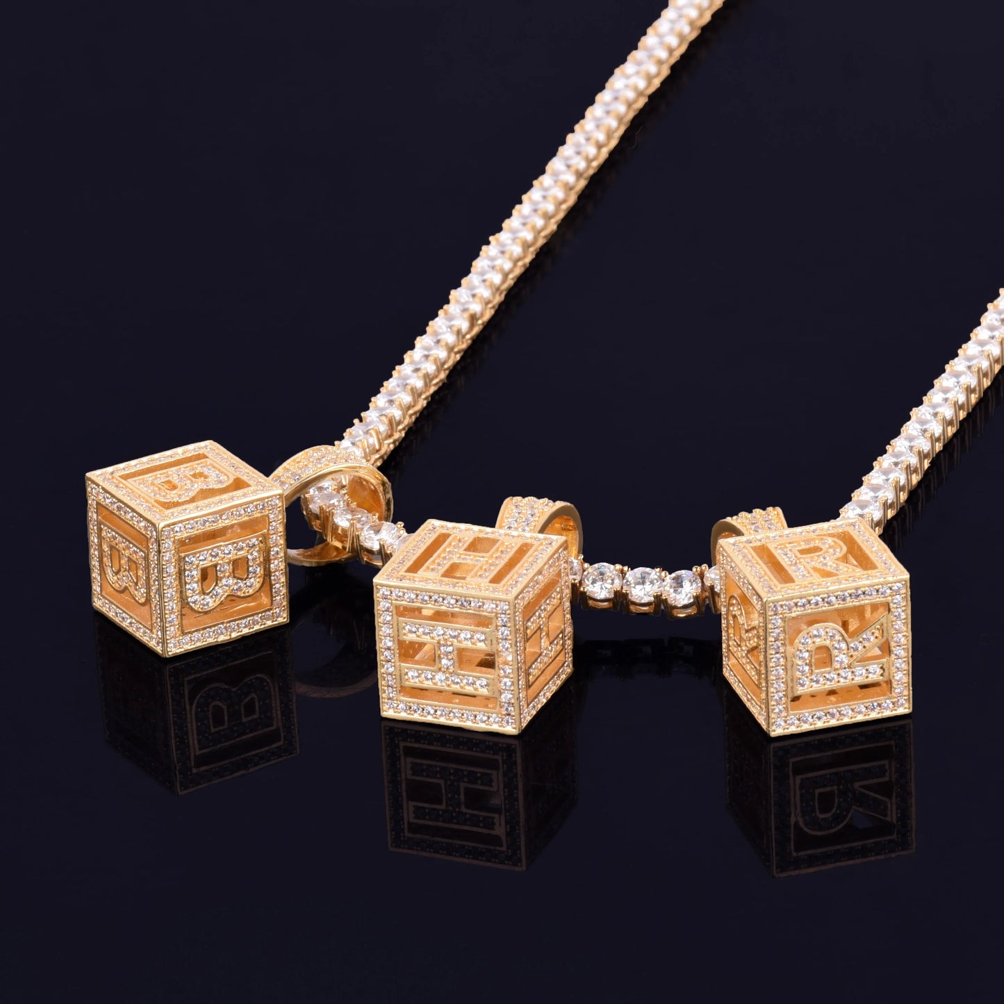 A-Z Single Stereoscopic Square Letter Pendant With Tennis Chain Necklace Gold Color Cubic Zircon Men Women Hip Hop Rock Jewelry