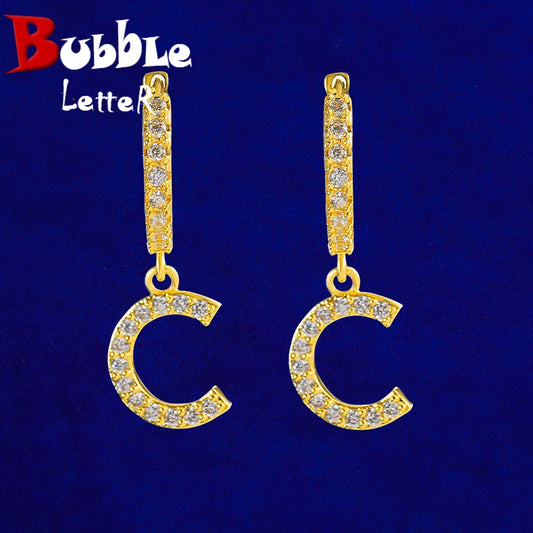 Bubble Letter Iced Custom Tennis Initial Drop Earring Real Gold Plated Women Hip Hop Jewelry