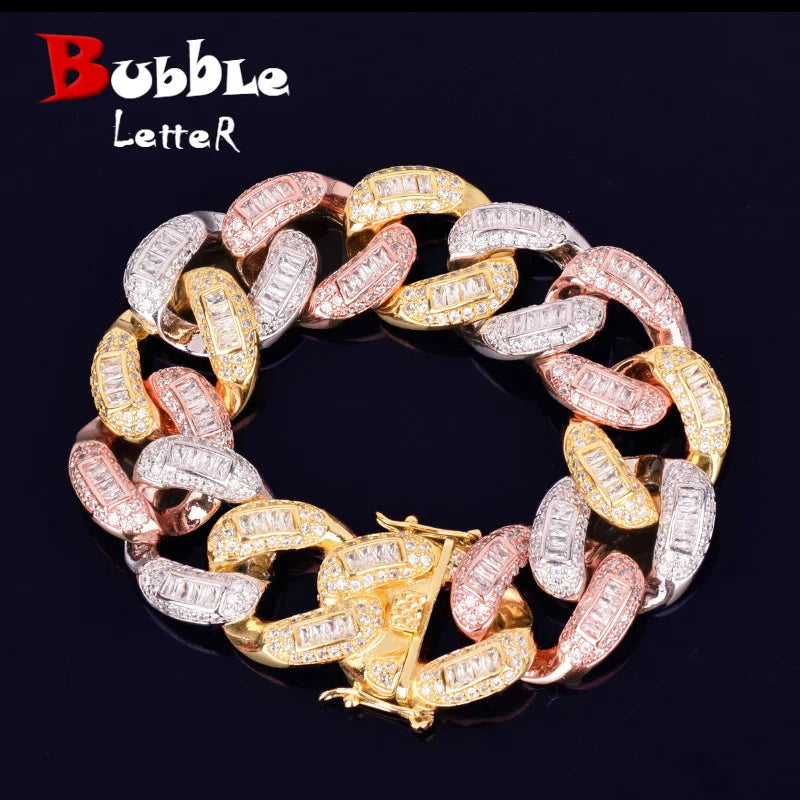 22mm Baguette Zircon Miami Cuban Link Bracelet Iced Out Men's Hip Hop Street Rock Jewelry Colorful Chain 7" 8"