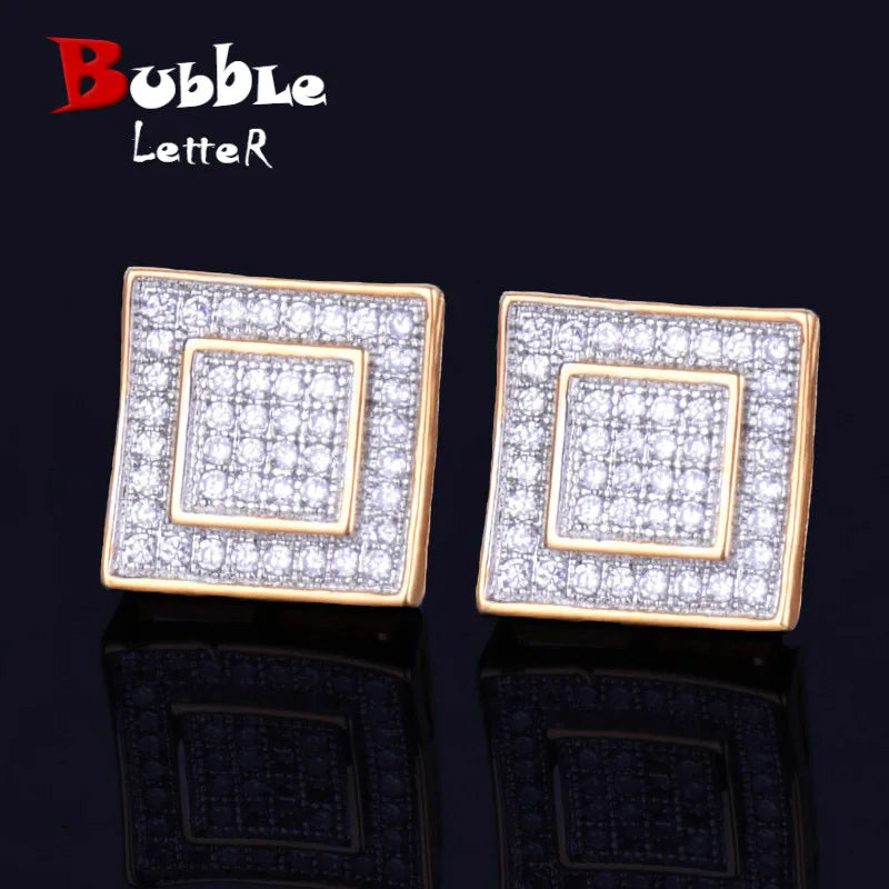 11MM Square Stud Earring Silver Color Full Cubic Zircon Screw Back Men's Earrings Fashion Hip Hop Jewelry for Gift