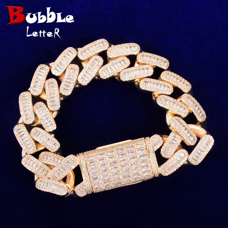 20MM Baguette Miami Cuban Bracelet Chain Men's Trendy Hip Hop Link Bling Zirconia Copper Rock Jewelry