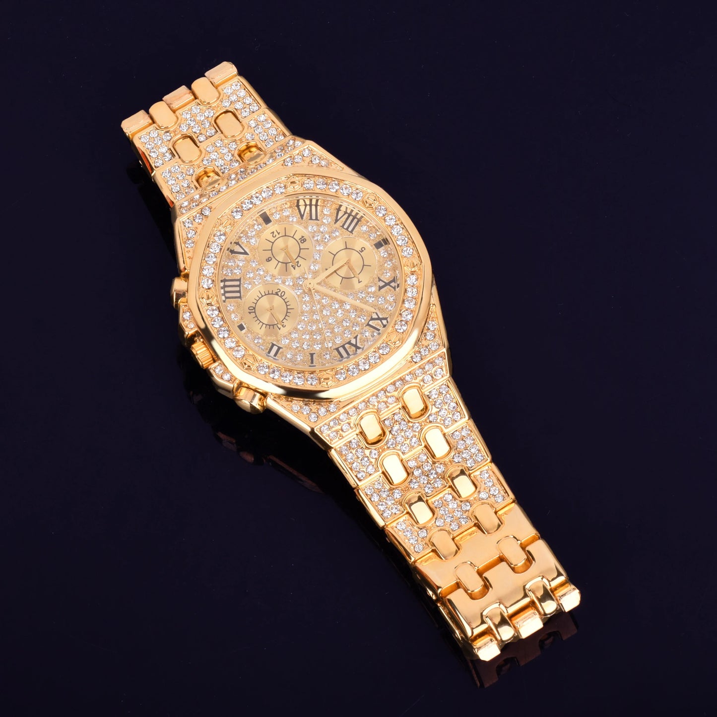 Bubble Letter Men's Watch Gold Color Big Dial Military Quartz Clock Luxury Rhinestone Business Waterproof Relogio Masculio