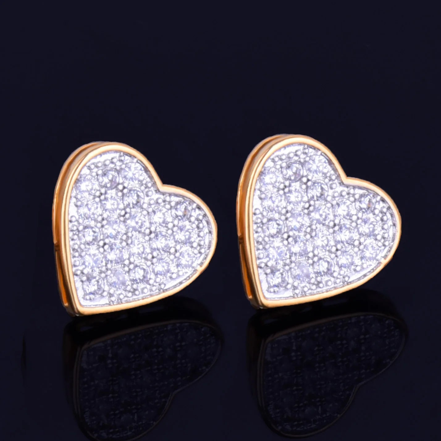 14MM Width Heart-shaped Gold Color Stud Earring For Men Women Full Cubic Zircon Screw Back Earrings Fashion Hip Hop Jewelry Gift